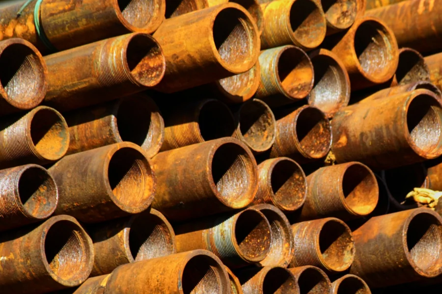 Stacked ends of steel pipes
